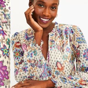 LOFT Ann Taylor Chiffon Bohemian Blouse Shimmer Vine Smocked Ruffle Tie Neck